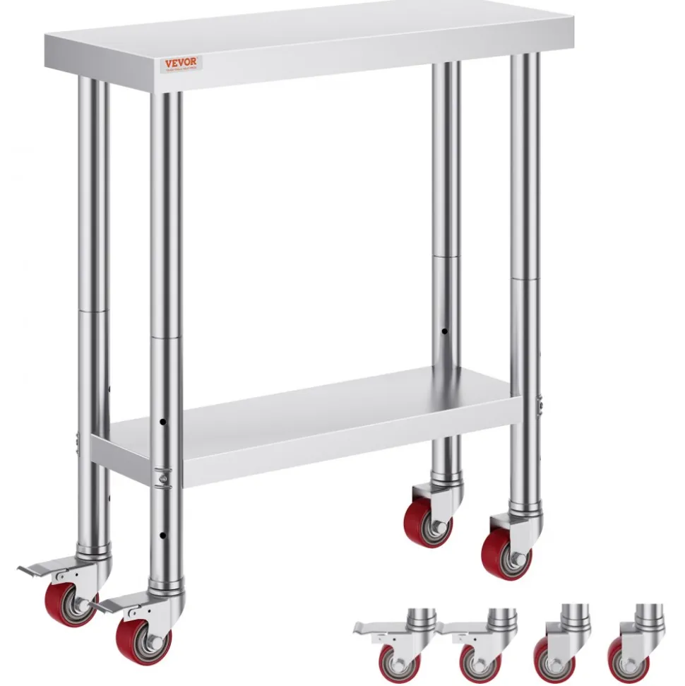 VEVOR Stainless Steel Work Table 30 x 12 x 34 Inch, 700 LBS Load Capacity with 4 Wheels, 3 Adjustable Height Levels, Heavy Duty Food Prep Worktable for Commercial Kitchen Restaurant, Silver