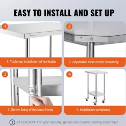 VEVOR Stainless Steel Work Table 24 x 18 x 38 Inch, with 4 Wheels, 3 Adjustable Height Levels, Heavy Duty Food Prep Worktable for Commercial Kitchen Restaurant, Silver