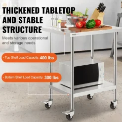 VEVOR Stainless Steel Work Table, 24x60 Inch Food Prep Table with Backsplash, Commercial Kitchen Workstation with Adjustable Undershelf, Metal Heavy Duty Utility Worktable, for Restaurant Home Outdoor
