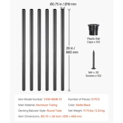 VEVOR Staircase Balusters 51 Pack, 26 In Aluminum Stair Balusters, 3/4 In Water-Proof Round Metal Spindle Railing, Hollow Deck Railing with Rail Caps & Screws for Stairs, Porch, Patio, Fence, Black