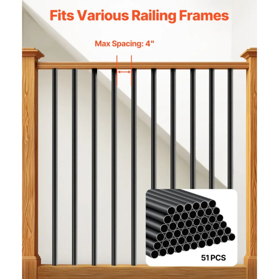 VEVOR Staircase Balusters 51 Pack, 26 In Aluminum Stair Balusters, 3/4 In Water-Proof Round Metal Spindle Railing, Hollow Deck Railing with Rail Caps & Screws for Stairs, Porch, Patio, Fence, Black