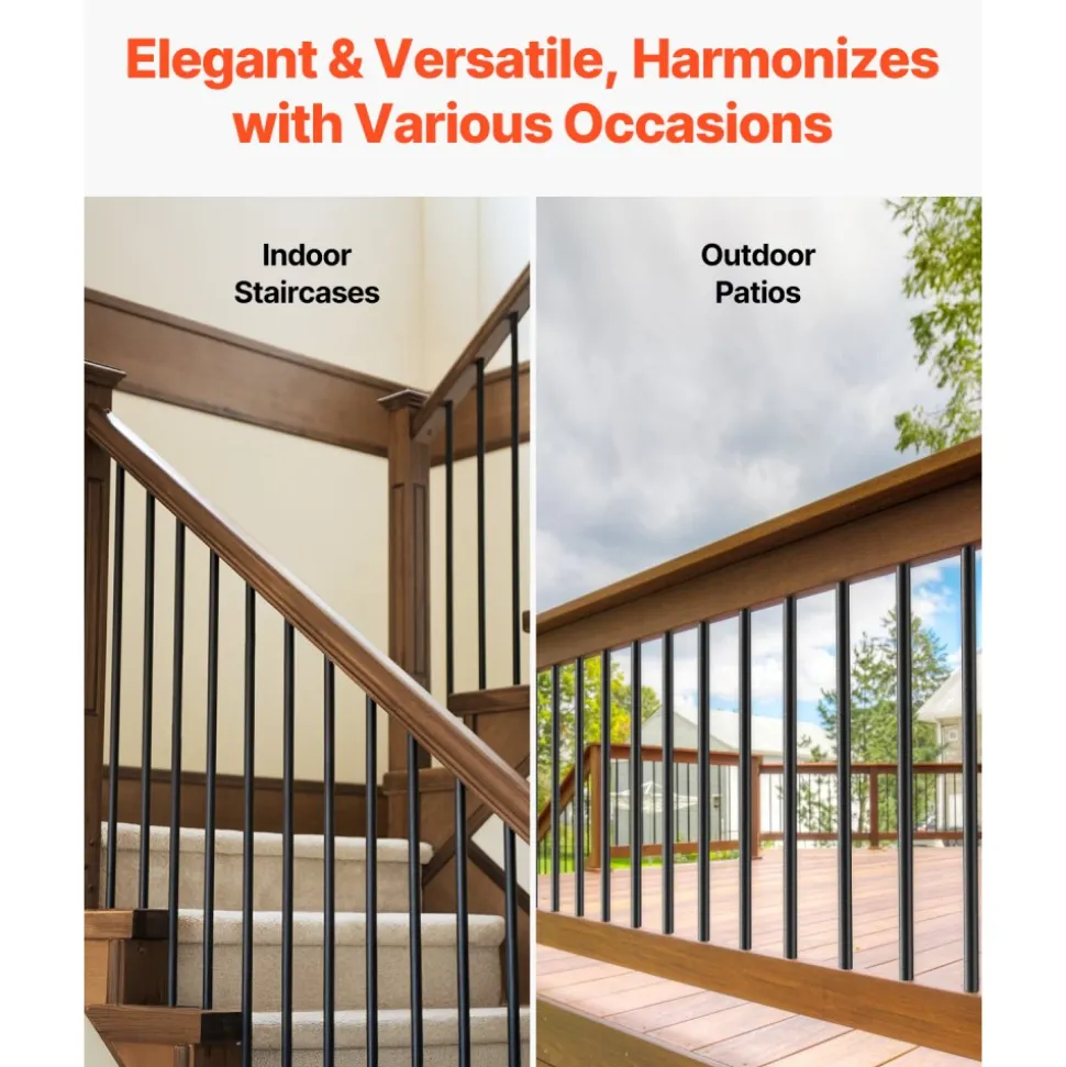 VEVOR Staircase Balusters 51 Pack, 32 In Aluminum Stair Balusters, 3/4 Inch Water-Proof Round Metal Spindle Railing, Hollow Deck Railing with Rail Caps & Screws for Stairs, Porch, Patio, Matte Black