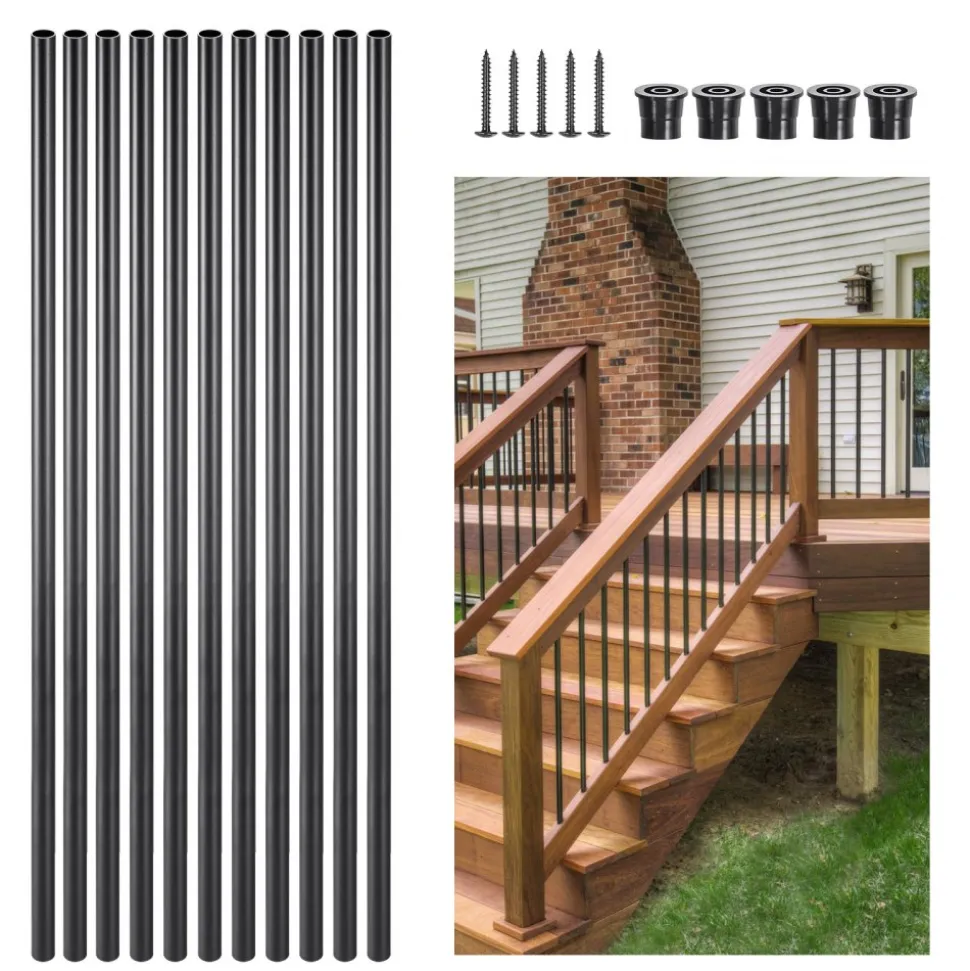 VEVOR Staircase Balusters 51 Pack, 36 In Aluminum Stair Balusters, 3/4 In Water-Proof Round Metal Spindle Railing, Hollow Deck Railing with Rail Caps & Screws for Stairs, Porch, Patio, Fence, Black