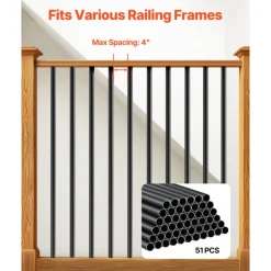 VEVOR Staircase Balusters 51 Pack, 36 In Aluminum Stair Balusters, 3/4 In Water-Proof Round Metal Spindle Railing, Hollow Deck Railing with Rail Caps & Screws for Stairs, Porch, Patio, Fence, Black