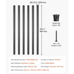 VEVOR Staircase Balusters 101 Pack, 26 In Aluminum Stair Balusters, 3/4 Inch Water-Proof Round Metal Spindle Railing, Hollow Deck Railing with Rail Caps & Screws for Stairs, Porch, Patio, Matte Black