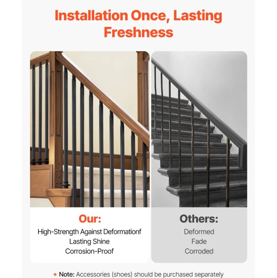 VEVOR Staircase Balusters 31 Pack, 44 Inch Durable Carbon Steel Stair Balusters, 0.5 Inch Indoor Square Metal Spindle Railing, Corrosion-Proof Hollow Deck Railing with Pre-Drilled Holes, Matte Black
