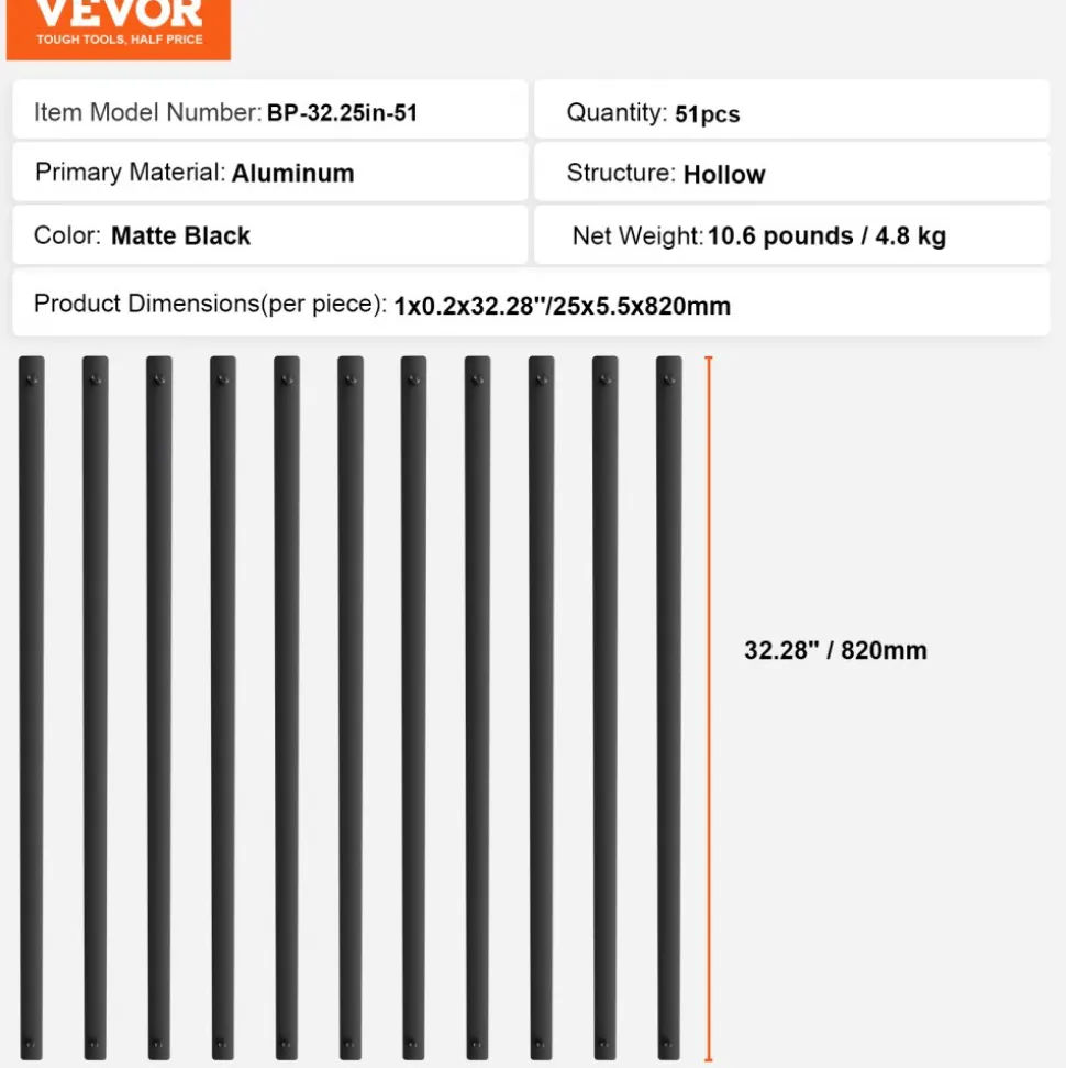 VEVOR Staircase Metal Balusters, 32.28" x 1" x 0.2" Flat Aluminum Alloy Decorative Banister Spindles, 51 Pack Deck Baluster with Screws, Classic Hollow Deck Railing Satin Black Powder Coated for Porch