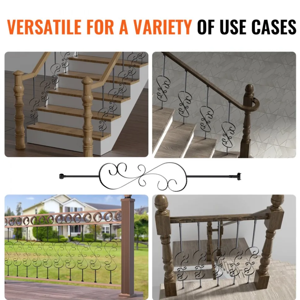 VEVOR Staircase Metal Balusters, 44'' x 1/2" Galvanized Steel Decorative Banister Spindles, 5 Pack S Shape Deck Baluster, Hollow Satin Black Spiral Stair Railing with Shoes & Screws