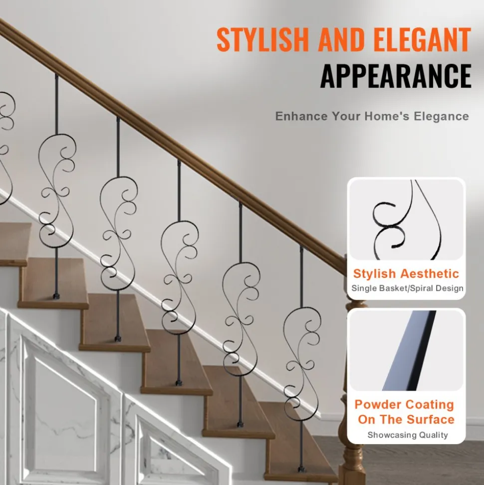 VEVOR Staircase Metal Balusters, 44'' x 1/2" Galvanized Steel Decorative Banister Spindles, 5 Pack S Shape Deck Baluster, Hollow Satin Black Spiral Stair Railing with Shoes & Screws