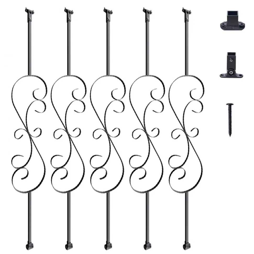 VEVOR Staircase Metal Balusters, 44'' x 1/2" Galvanized Steel Decorative Banister Spindles, 5 Pack S Shape Deck Baluster, Hollow Satin Black Spiral Stair Railing with Shoes & Screws