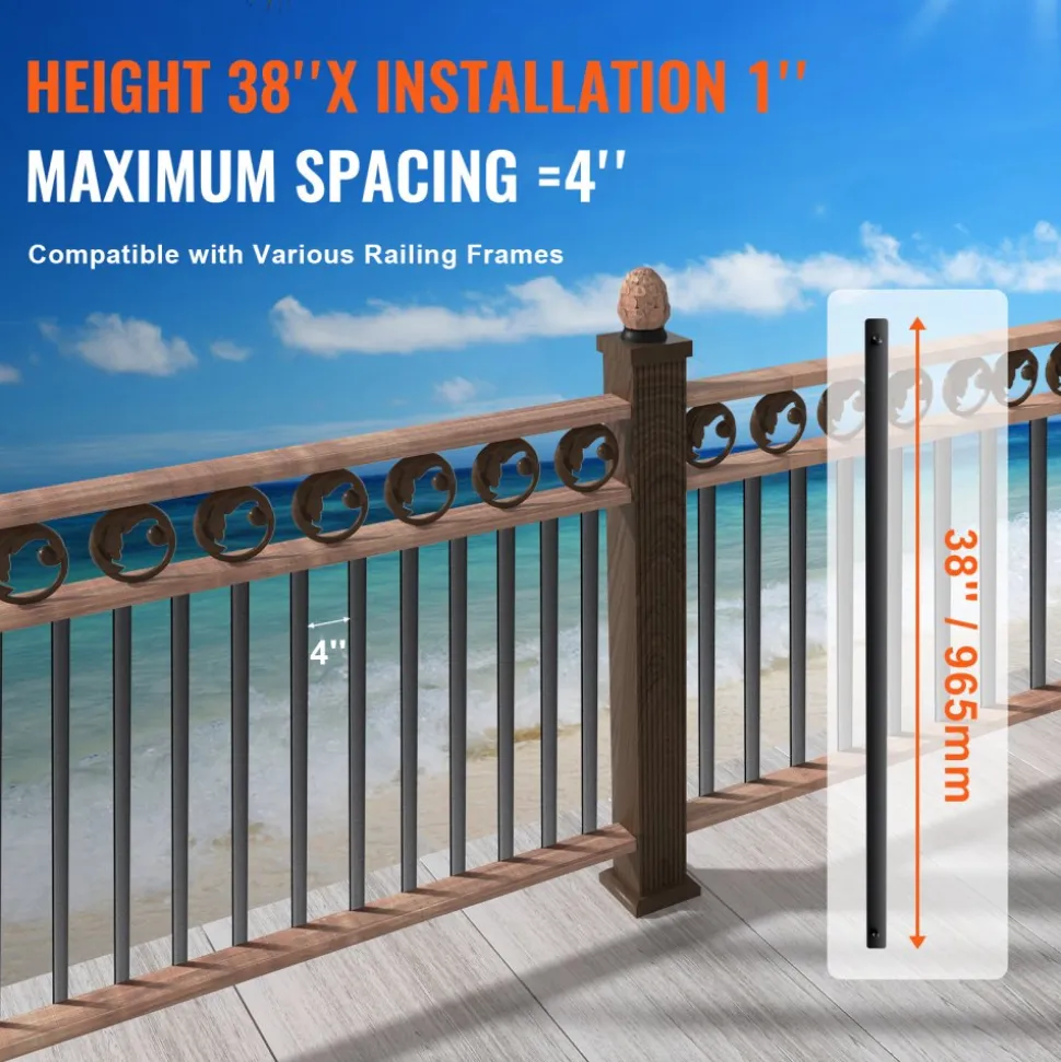 VEVOR Staircase Metal Balusters, 38'' x 1'' Flat Aluminum Alloy Decorative Banister Spindles, 72 Pack Deck Baluster with Screws, Classic Hollow Deck Railing Satin Black Powder Coated for Porch