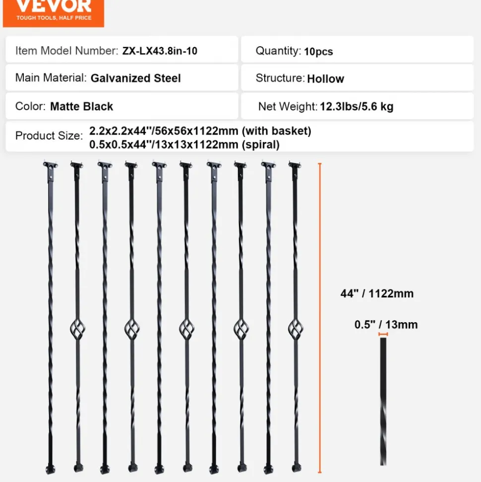 VEVOR Staircase Metal Balusters, 44'' x 1/2" Galvanized Steel Decorative Banister Spindles, 10 Pack Deck Baluster with Hollow Single Baskets, Twists, Spiral Stair Railing w/ Shoes & Screws