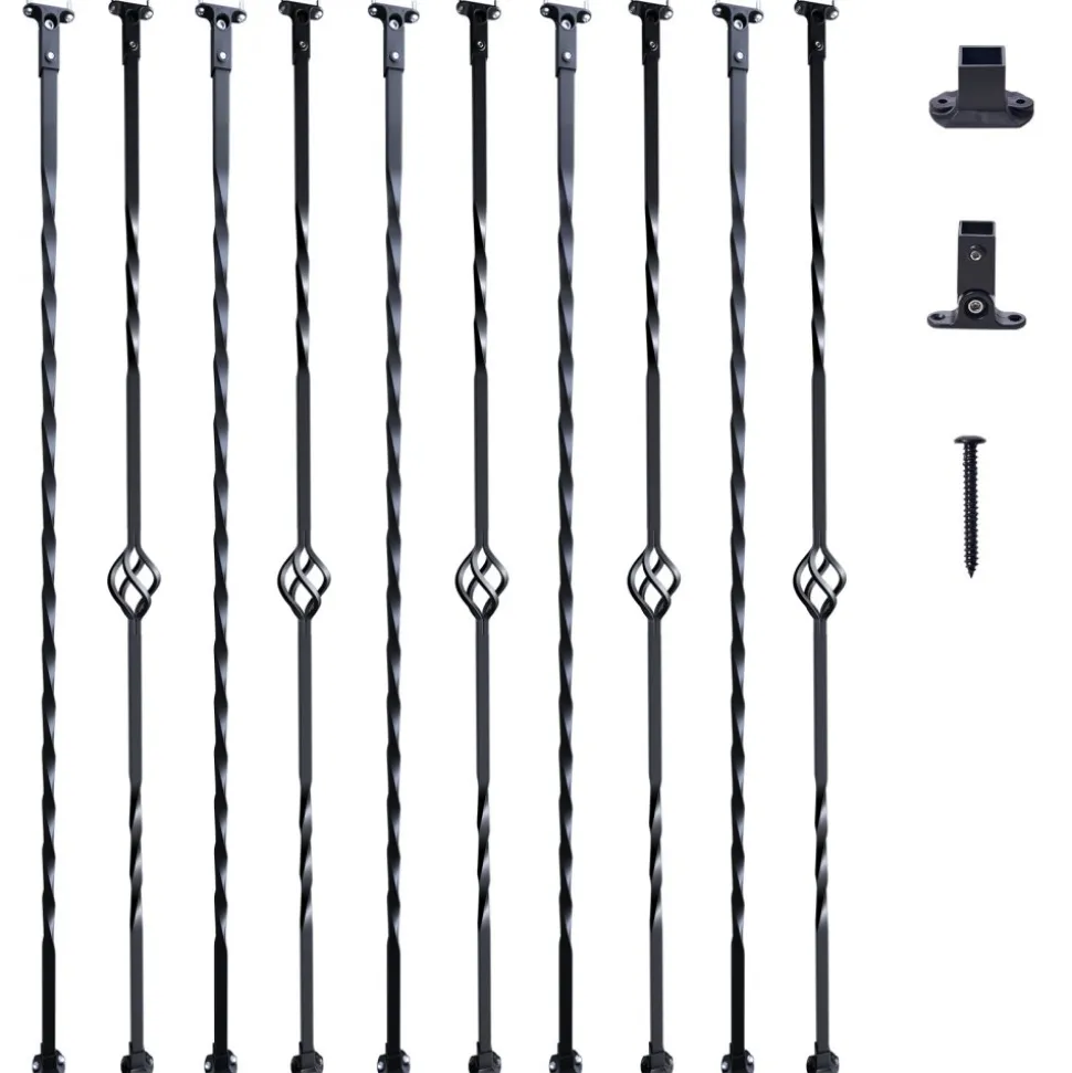 VEVOR Staircase Metal Balusters, 44'' x 1/2" Galvanized Steel Decorative Banister Spindles, 10 Pack Deck Baluster with Hollow Single Baskets, Twists, Spiral Stair Railing w/ Shoes & Screws