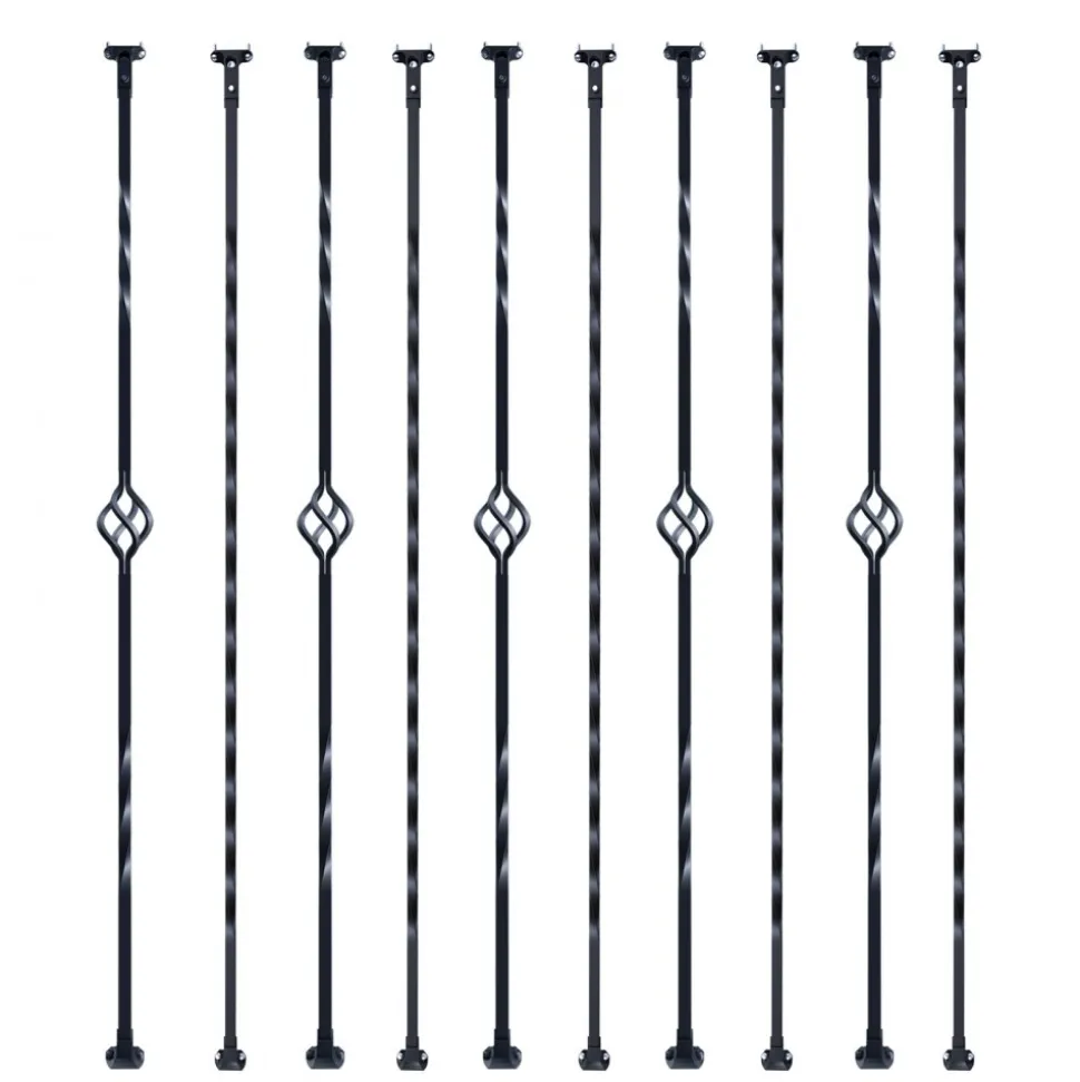 VEVOR Staircase Metal Balusters, 44'' x 1/2" Galvanized Steel Decorative Banister Spindles, 10 Pack Deck Baluster with Hollow Single Baskets, Twists, Spiral Stair Railing w/ Shoes & Screws