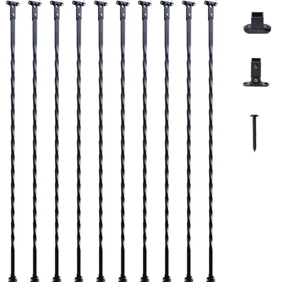 VEVOR Staircase Metal Balusters, 44'' x 1/2" Galvanized Steel Decorative Banister Spindles, 10 Pack Deck Baluster with Hollow Twists, Satin Black Spiral Stair Railing with Shoes & Screws