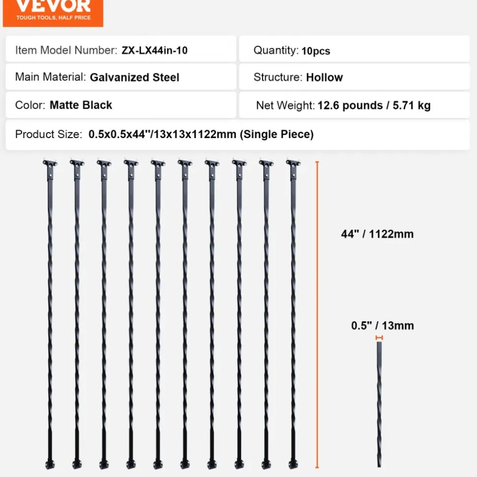 VEVOR Staircase Metal Balusters, 44'' x 1/2" Galvanized Steel Decorative Banister Spindles, 10 Pack Deck Baluster with Hollow Twists, Satin Black Spiral Stair Railing with Shoes & Screws