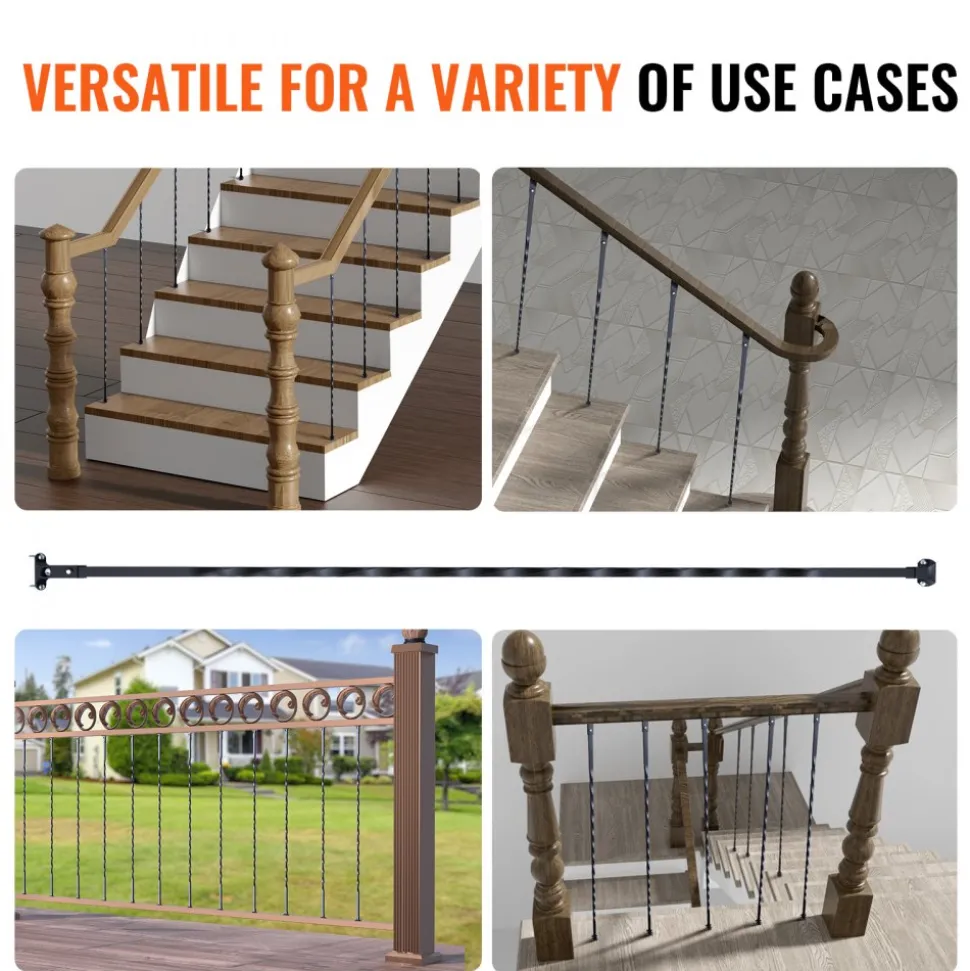 VEVOR Staircase Metal Balusters, 44'' x 1/2" Galvanized Steel Decorative Banister Spindles, 10 Pack Deck Baluster with Hollow Twists, Satin Black Spiral Stair Railing with Shoes & Screws