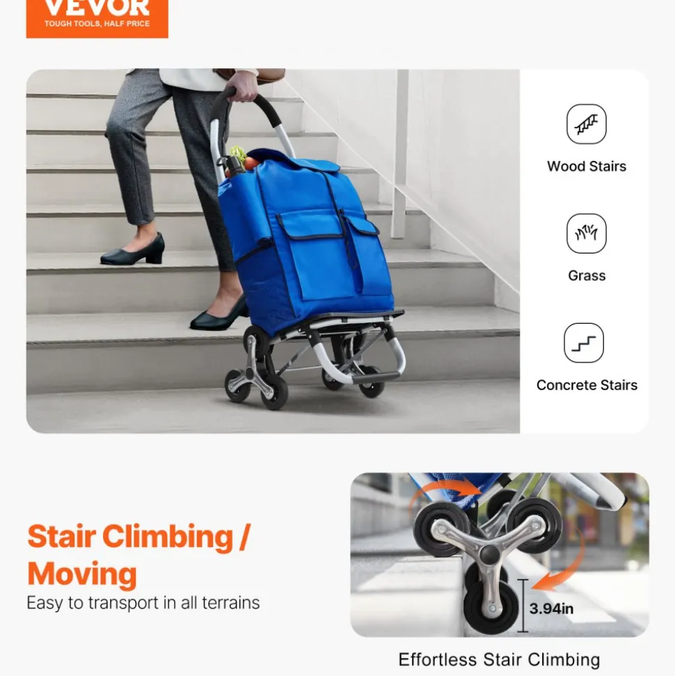 VEVOR Stair Climber Trolley Dolly, 36L Folding Shopping Cart, Grocery Cart Trolley Laundry Stair Climbing Handcart with 6 Wheels & Oxford Cloth Bag, Foldable Cart for Shopping Grocery Laundry Climbing