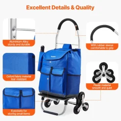 VEVOR Stair Climber Trolley Dolly, 36L Folding Shopping Cart, Grocery Cart Trolley Laundry Stair Climbing Handcart with 6 Wheels & Oxford Cloth Bag, Foldable Cart for Shopping Grocery Laundry Climbing