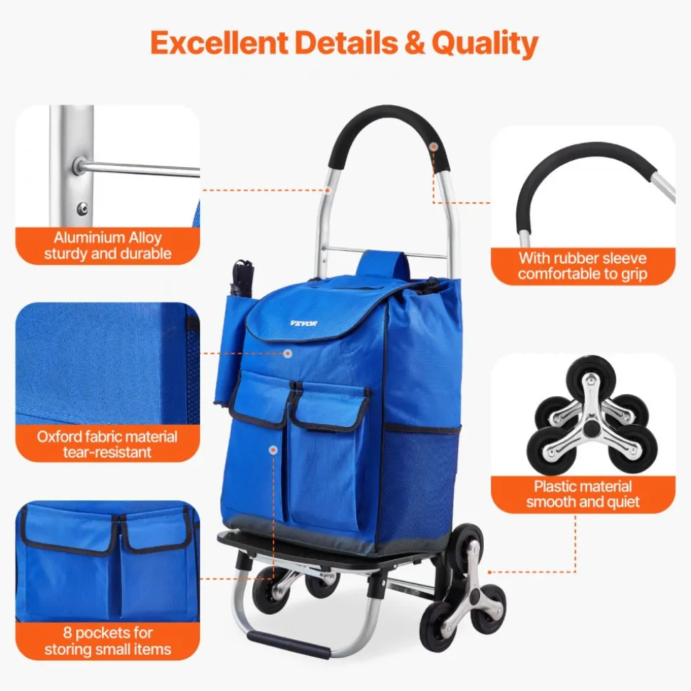VEVOR Stair Climber Trolley Dolly, 36L Folding Shopping Cart, Grocery Cart Trolley Laundry Stair Climbing Handcart with 6 Wheels & Oxford Cloth Bag, Foldable Cart for Shopping Grocery Laundry Climbing