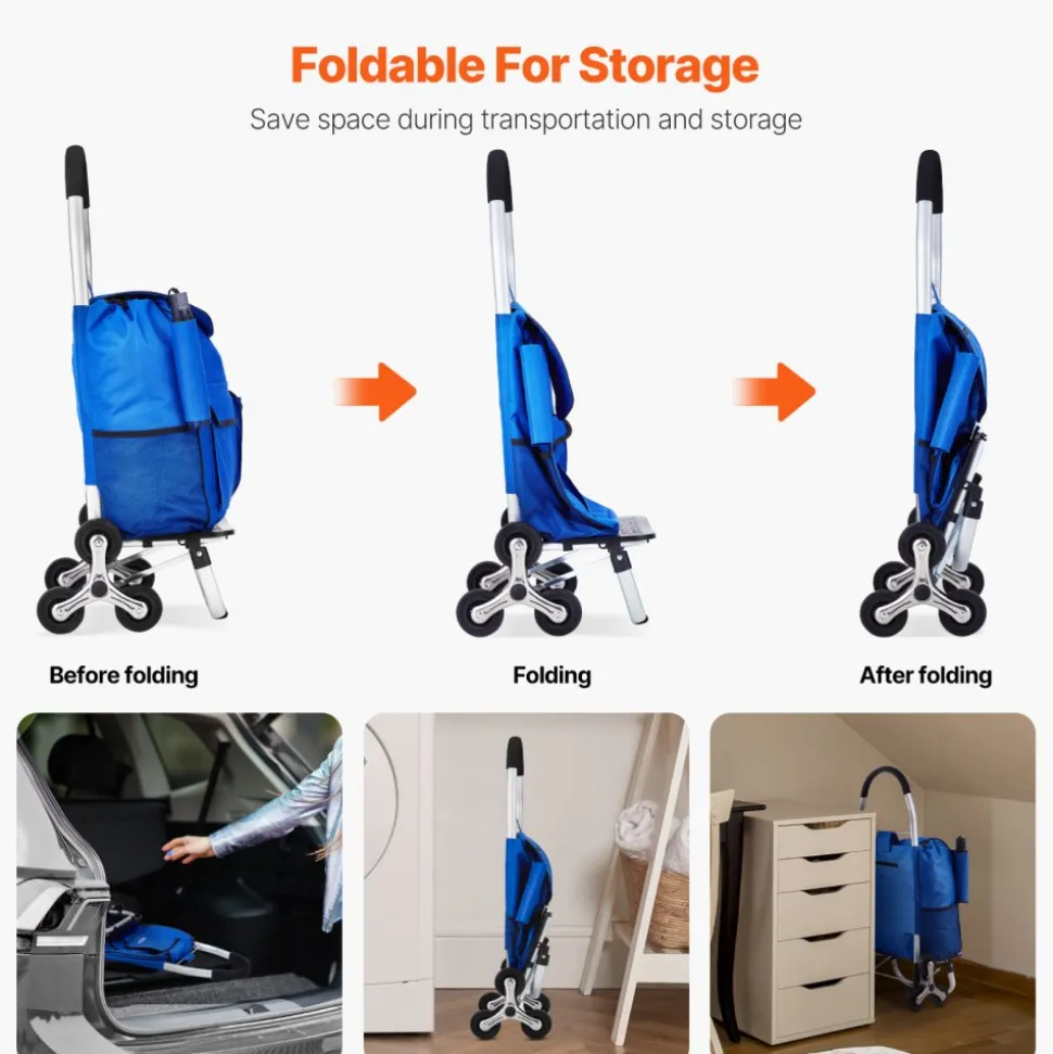 VEVOR Stair Climber Trolley Dolly, 36L Folding Shopping Cart, Grocery Cart Trolley Laundry Stair Climbing Handcart with 6 Wheels & Oxford Cloth Bag, Foldable Cart for Shopping Grocery Laundry Climbing