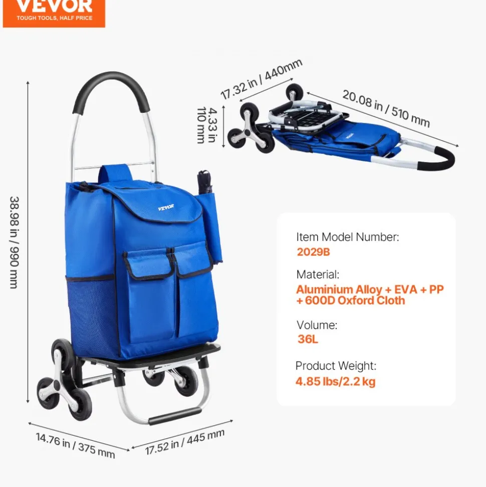VEVOR Stair Climber Trolley Dolly, 36L Folding Shopping Cart, Grocery Cart Trolley Laundry Stair Climbing Handcart with 6 Wheels & Oxford Cloth Bag, Foldable Cart for Shopping Grocery Laundry Climbing
