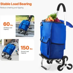 VEVOR Stair Climber Trolley Dolly, 36L Folding Shopping Cart, Grocery Cart Trolley Laundry Stair Climbing Handcart with 6 Wheels & Oxford Cloth Bag, Foldable Cart for Shopping Grocery Laundry Climbing