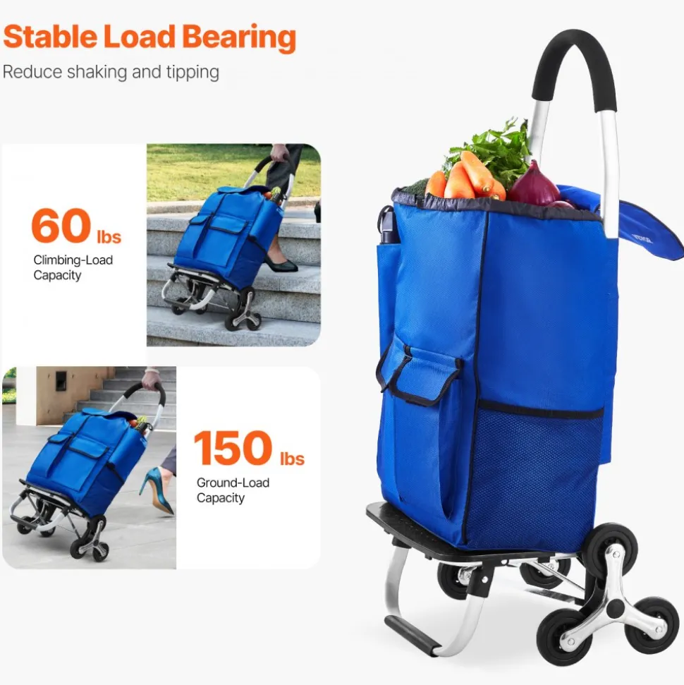 VEVOR Stair Climber Trolley Dolly, 36L Folding Shopping Cart, Grocery Cart Trolley Laundry Stair Climbing Handcart with 6 Wheels & Oxford Cloth Bag, Foldable Cart for Shopping Grocery Laundry Climbing