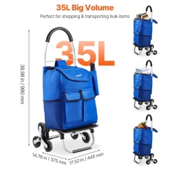 VEVOR Stair Climber Trolley Dolly, 36L Folding Shopping Cart, Grocery Cart Trolley Laundry Stair Climbing Handcart with 6 Wheels & Oxford Cloth Bag, Foldable Cart for Shopping Grocery Laundry Climbing