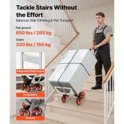 VEVOR Stair Climbing Cart, 330 lbs Stair-Climb Capacity, Aluminum Alloy Folding Trolley Cart with Telescoping Handle, 6 Wheels and 2 Bungee Cords, Stair Climber Dolly for Home, Groceries, Warehouse