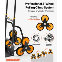 VEVOR Stair Climbing Cart, 440 lbs Stair-Climbing Capacity, Heavy-Duty Folding Trolley Cart with Telescoping Handle, 6 Wheels and 2 Bungee Cords, Stair Climber Dolly for Home, Groceries, Warehouse