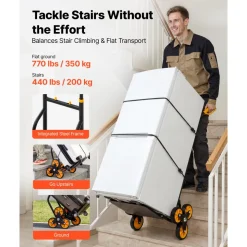 VEVOR Stair Climbing Cart, 440 lbs Stair-Climbing Capacity, Heavy-Duty Folding Trolley Cart with Telescoping Handle, 6 Wheels and 2 Bungee Cords, Stair Climber Dolly for Home, Groceries, Warehouse