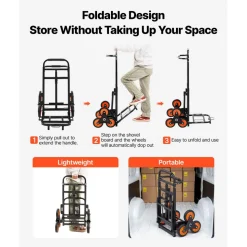 VEVOR Stair Climbing Cart, 220 lbs Stair-Climbing Capacity, Heavy-Duty Folding Trolley Cart with Telescoping Handle, 6 Wheels and 2 Bungee Cords, Stair Climber Dolly for Home, Groceries, Warehouse