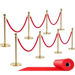 VEVOR Stanchion Post, 8 Pcs Crowd Control Barrier Set with Red Carpet, 6 Red Velvet Ropes, Stainless Steel Gold Stanchion Post Queue with Hollow Base for Theater, Party, Wedding, Exhibition (Gold)