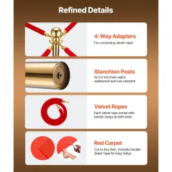 VEVOR Stanchion Post, 8 Pcs Crowd Control Barrier Set with Red Carpet, 6 Red Velvet Ropes, Stainless Steel Gold Stanchion Post Queue with Hollow Base for Theater, Party, Wedding, Exhibition (Gold)