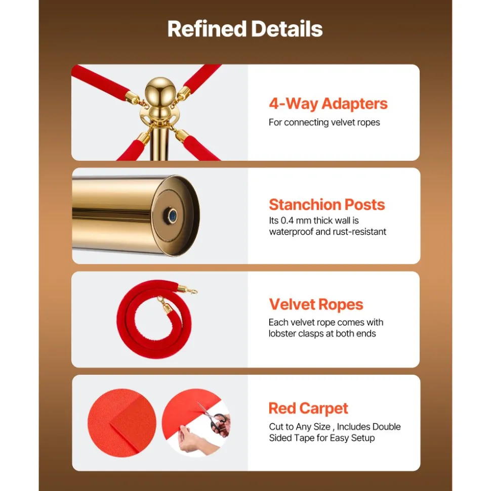 VEVOR Stanchion Post, 8 Pcs Crowd Control Barrier Set with Red Carpet, 6 Red Velvet Ropes, Stainless Steel Gold Stanchion Post Queue with Hollow Base for Theater, Party, Wedding, Exhibition (Gold)