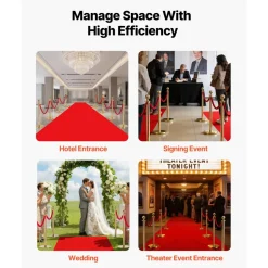 VEVOR Stanchion Post, 8 Pcs Crowd Control Barrier Set with Red Carpet, 6 Red Velvet Ropes, Stainless Steel Gold Stanchion Post Queue with Hollow Base for Theater, Party, Wedding, Exhibition (Gold)