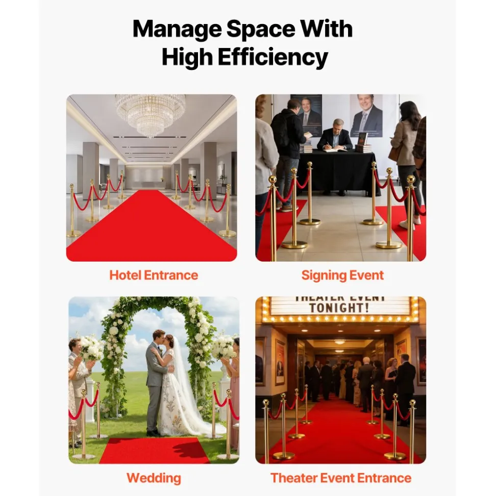 VEVOR Stanchion Post, 8 Pcs Crowd Control Barrier Set with Red Carpet, 6 Red Velvet Ropes, Stainless Steel Gold Stanchion Post Queue with Hollow Base for Theater, Party, Wedding, Exhibition (Gold)