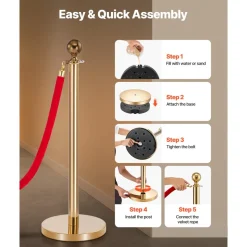 VEVOR Stanchion Post, 6 Pcs Crowd Control Barrier Set with Red Carpet, 4 Red Velvet Ropes, Stainless Steel Gold Stanchion Post Queue with Hollow Base for Theater, Party, Wedding, Exhibition (Gold)