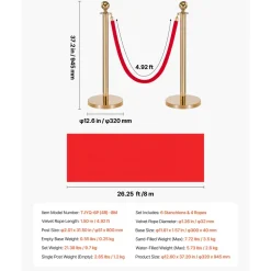VEVOR Stanchion Post, 6 Pcs Crowd Control Barrier Set with Red Carpet, 4 Red Velvet Ropes, Stainless Steel Gold Stanchion Post Queue with Hollow Base for Theater, Party, Wedding, Exhibition (Gold)