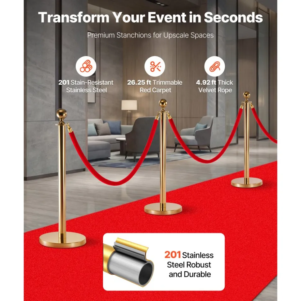VEVOR Stanchion Post, 6 Pcs Crowd Control Barrier Set with Red Carpet, 4 Red Velvet Ropes, Stainless Steel Gold Stanchion Post Queue with Hollow Base for Theater, Party, Wedding, Exhibition (Gold)