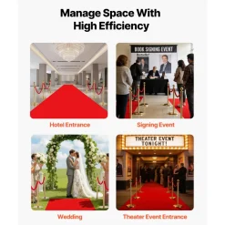 VEVOR Stanchion Post, 6 Pcs Crowd Control Barrier Set with Red Carpet, 4 Red Velvet Ropes, Stainless Steel Gold Stanchion Post Queue with Hollow Base for Theater, Party, Wedding, Exhibition (Gold)