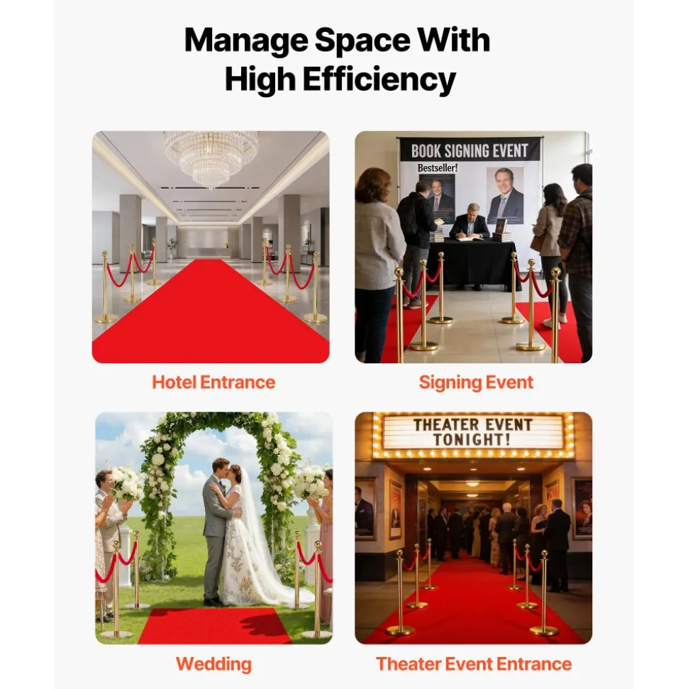 VEVOR Stanchion Post, 6 Pcs Crowd Control Barrier Set with Red Carpet, 4 Red Velvet Ropes, Stainless Steel Gold Stanchion Post Queue with Hollow Base for Theater, Party, Wedding, Exhibition (Gold)