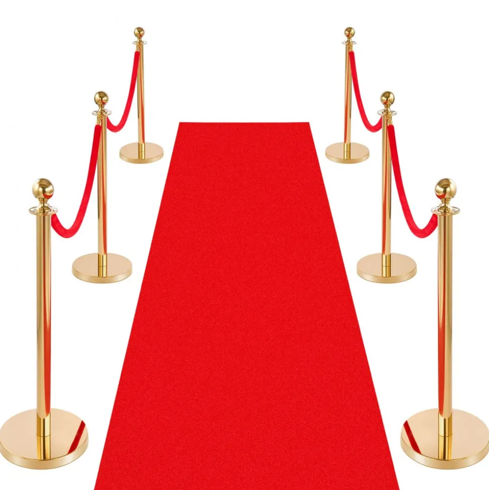 VEVOR Stanchion Post, 6 Pcs Crowd Control Barrier Set with Red Carpet, 4 Red Velvet Ropes, Stainless Steel Gold Stanchion Post Queue with Hollow Base for Theater, Party, Wedding, Exhibition (Gold)