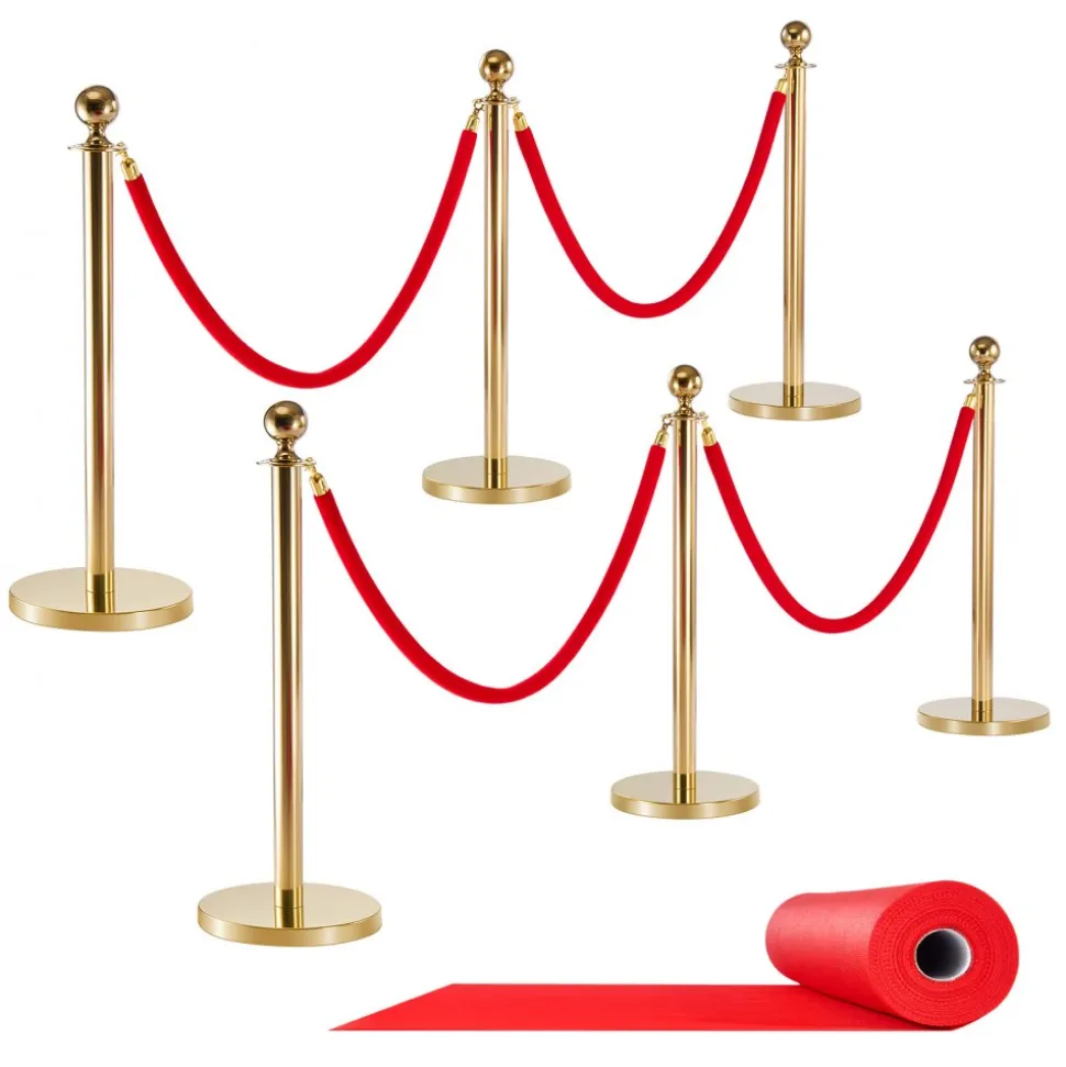 VEVOR Stanchion Post, 6 Pcs Crowd Control Barrier Set with Red Carpet, 4 Red Velvet Ropes, Stainless Steel Gold Stanchion Post Queue with Hollow Base for Theater, Party, Wedding, Exhibition (Gold)
