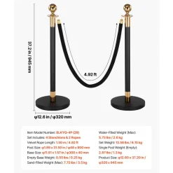 VEVOR Stanchion Post, 4 Pcs Crowd Control Barrier Set with 2 Black Velvet Ropes, Heavy Duty Stainless Steel Stanchion Post Queue with Hollow Base for Theater, Party, Wedding, Exhibition, Event (Black)