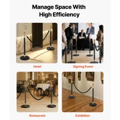 VEVOR Stanchion Post, 4 Pcs Crowd Control Barrier Set with 2 Black Velvet Ropes, Heavy Duty Stainless Steel Stanchion Post Queue with Hollow Base for Theater, Party, Wedding, Exhibition, Event (Black)