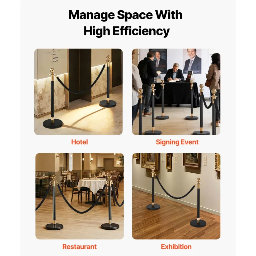 VEVOR Stanchion Post, 4 Pcs Crowd Control Barrier Set with 2 Black Velvet Ropes, Heavy Duty Stainless Steel Stanchion Post Queue with Hollow Base for Theater, Party, Wedding, Exhibition, Event (Black)