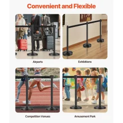 VEVOR Stanchion Post, 6 Pcs Stanchions with Retractable Belts, Carbon Steel Black Stanchions Queue with Sand Injection Hollow Base, Crowd Control Barriers for Theaters, Parties, Weddings, Exhibitions