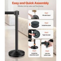 VEVOR Stanchion Post, 4 Pcs Stanchions with Retractable Belts, Carbon Steel Black Stanchions Queue with Sand Injection Hollow Base, Crowd Control Barriers for Theaters, Parties, Weddings, Exhibitions